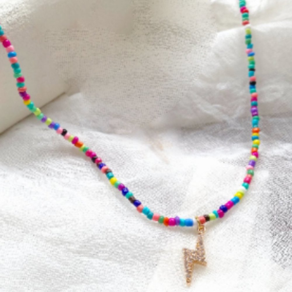 Rainbow multicolor seed beads choker, lightning charm necklace, 2000s